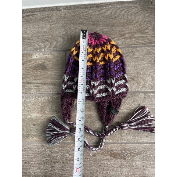 Volcom cable knit tasseled brown rainbow beanie hat LNC Adult One Size - Picture 4 of 7